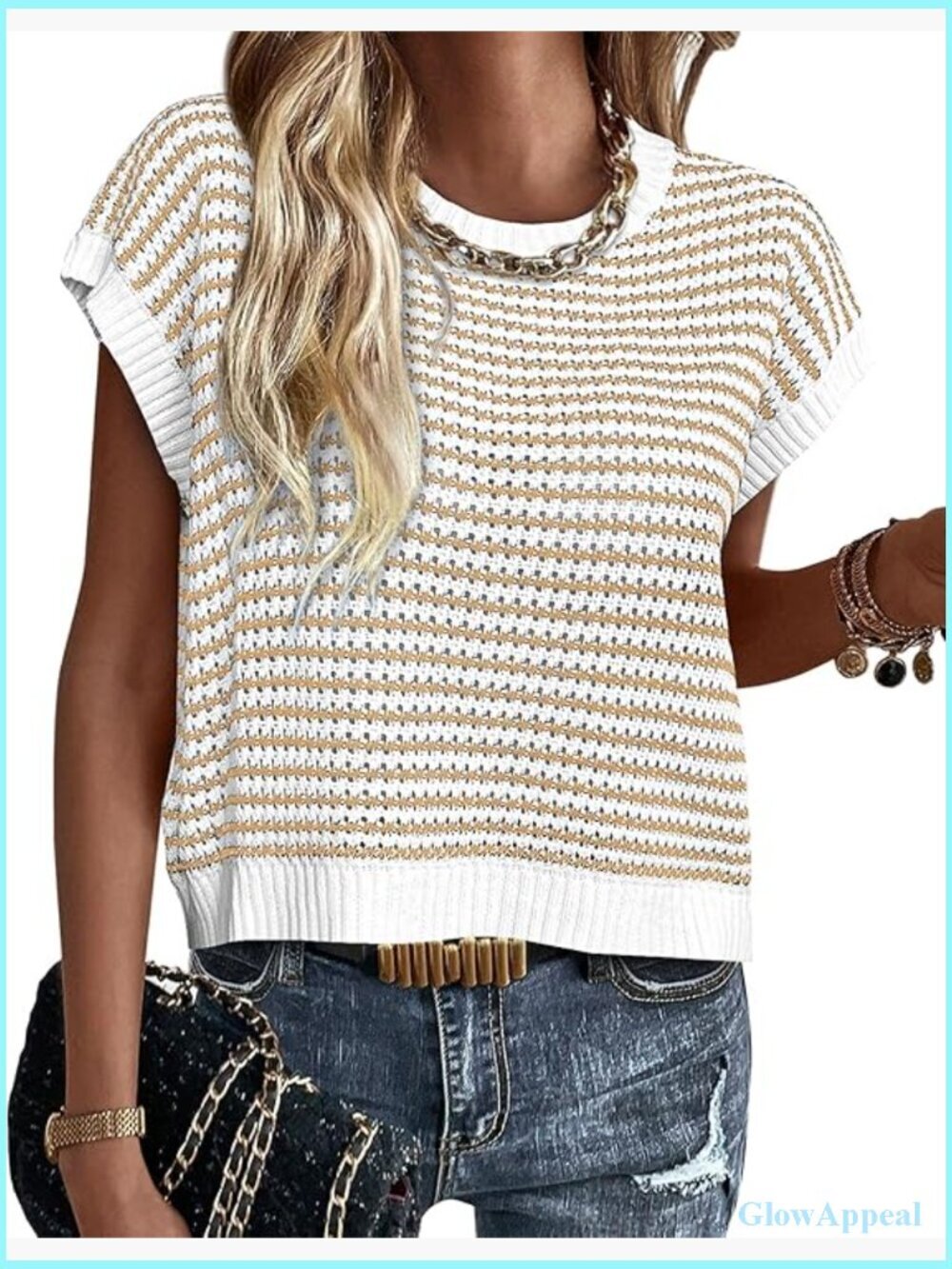 Short Sleeve Striped Knit Sweater Vest Pullover Top Cap Sleeve